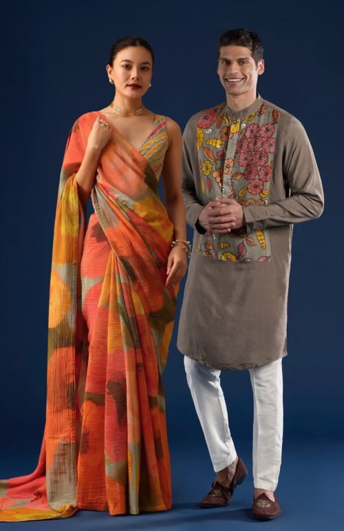 Fusion Couple Set – Orange Abstract Crush Saree for Her & Grey Handpainted Kalamkari Kurta Set for Him