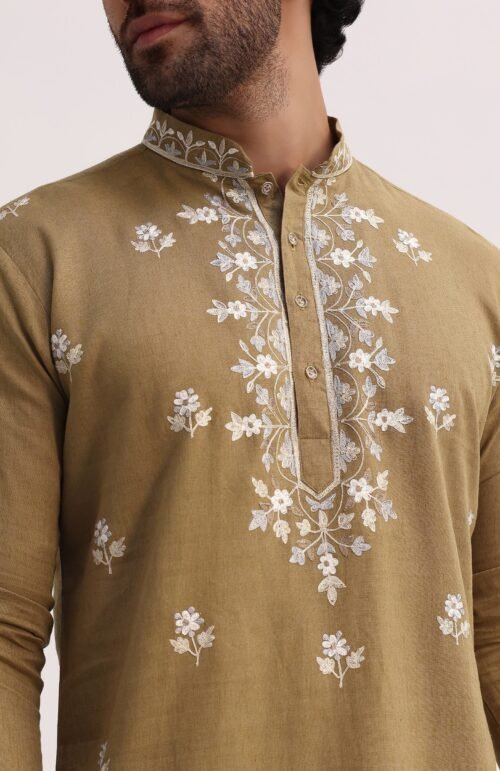 Beige Resham Work Kurta Set For Men