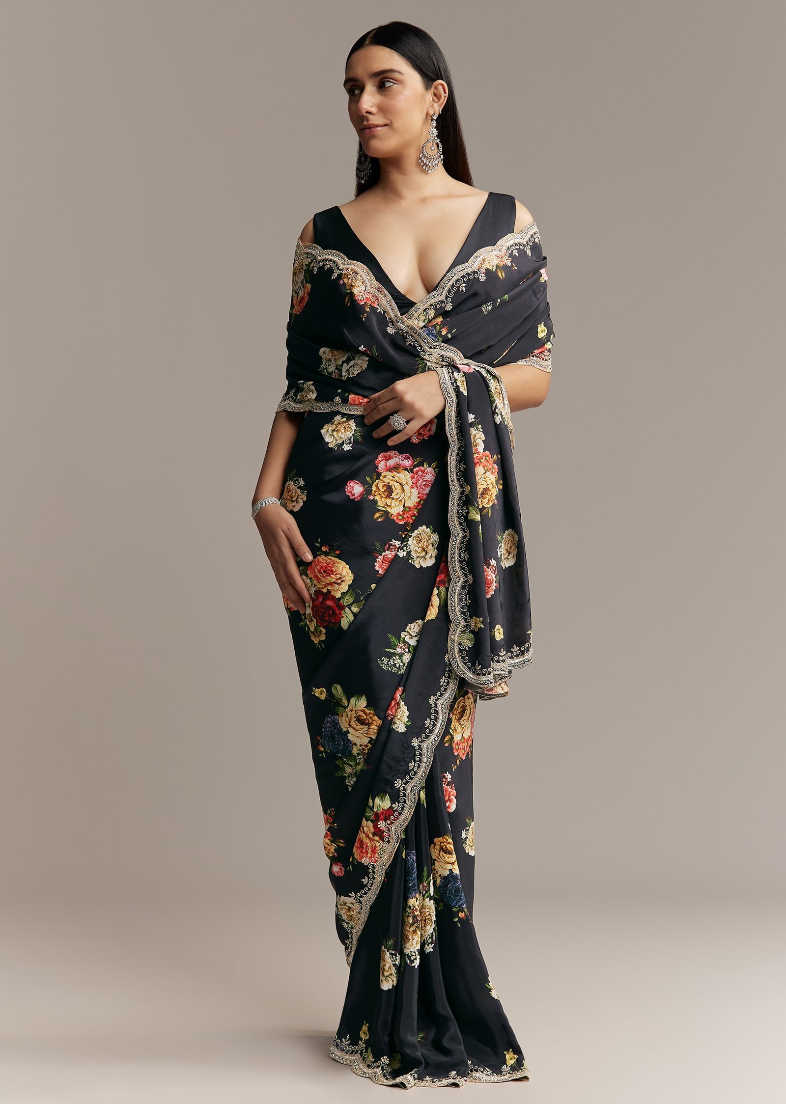 Black Crepe Saree With Floral Digital Print And Sequin Border - Image 3