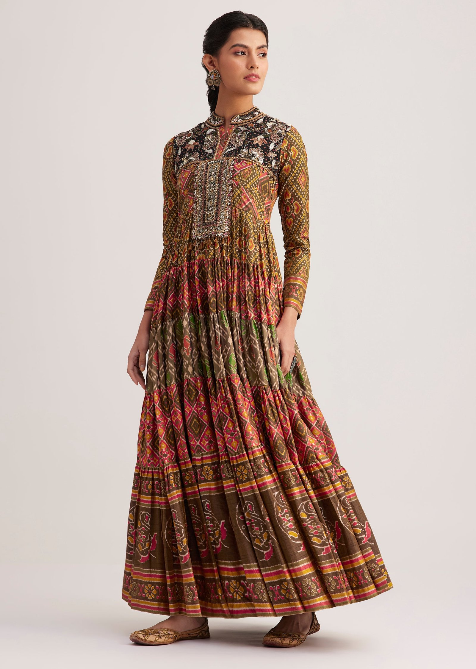 Mustard Silk Kurti With Multicolor Patola Print - Image 3