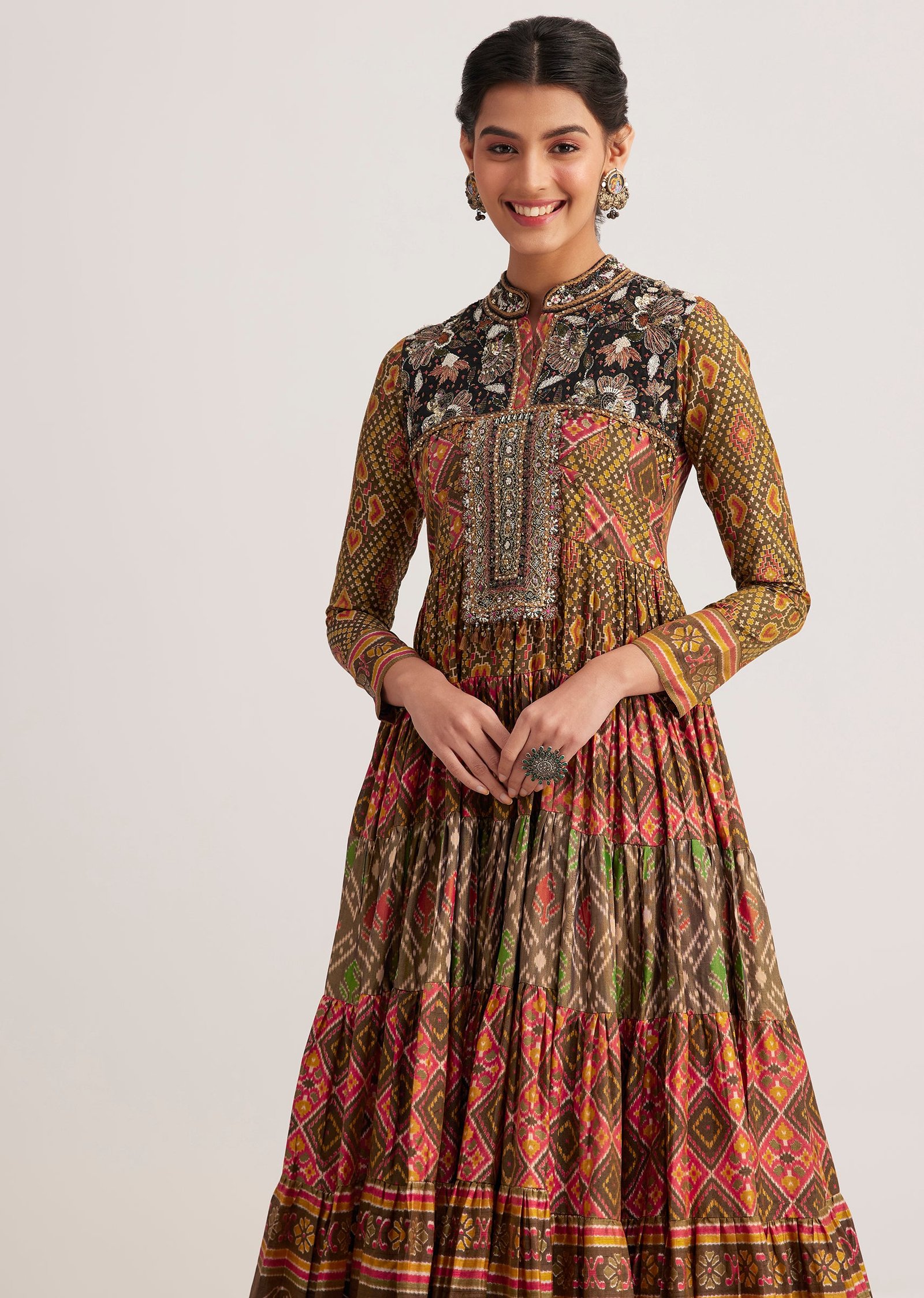 Mustard Silk Kurti With Multicolor Patola Print - Image 4
