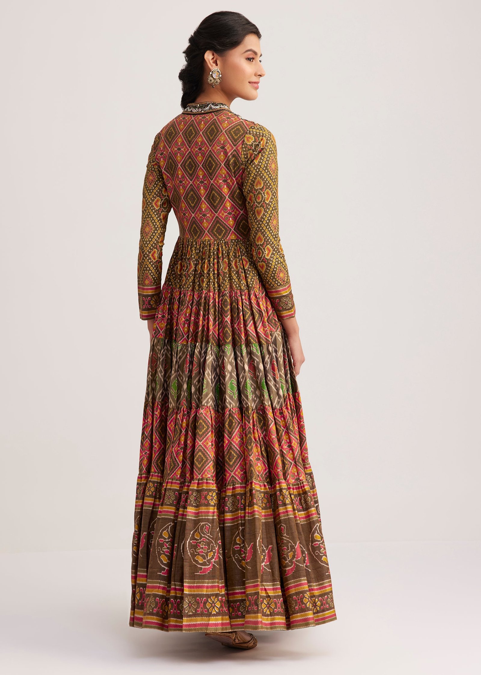 Mustard Silk Kurti With Multicolor Patola Print - Image 5