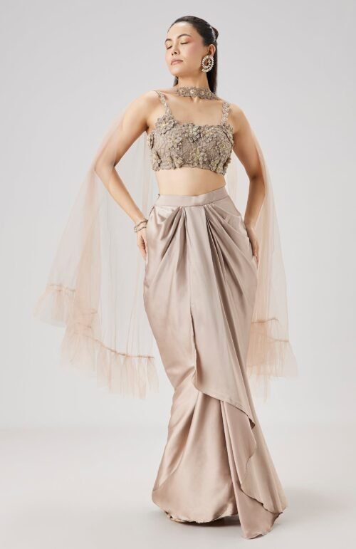 Beige 3D Floral Embellished Crop Top And Drape Skirt Set