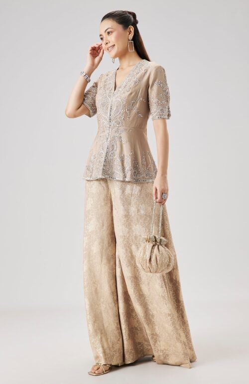 Beige Embellished Peplum Kurta And Jacquard Palazzo Set