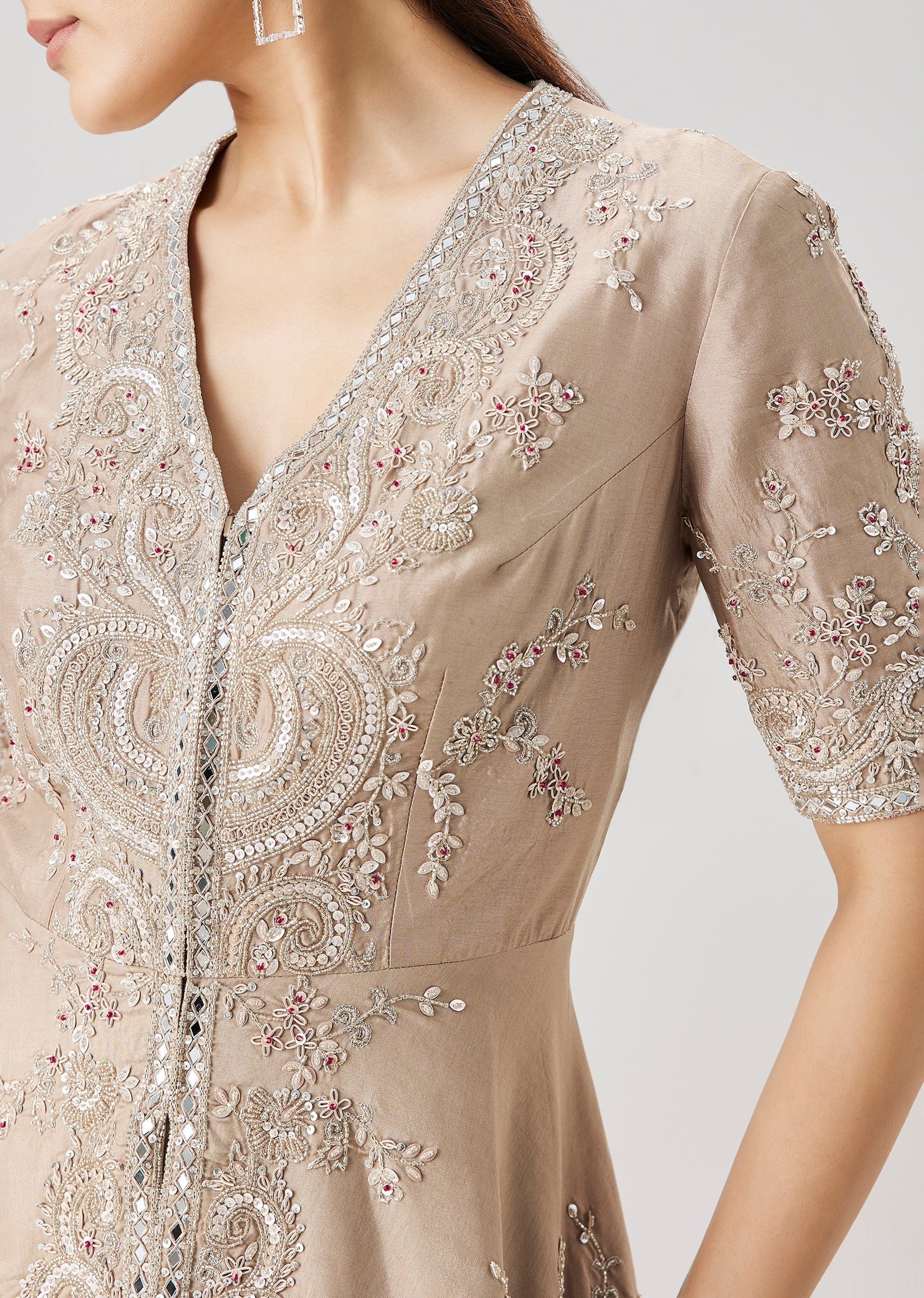 Beige Embellished Peplum Kurta And Jacquard Palazzo Set - Image 2