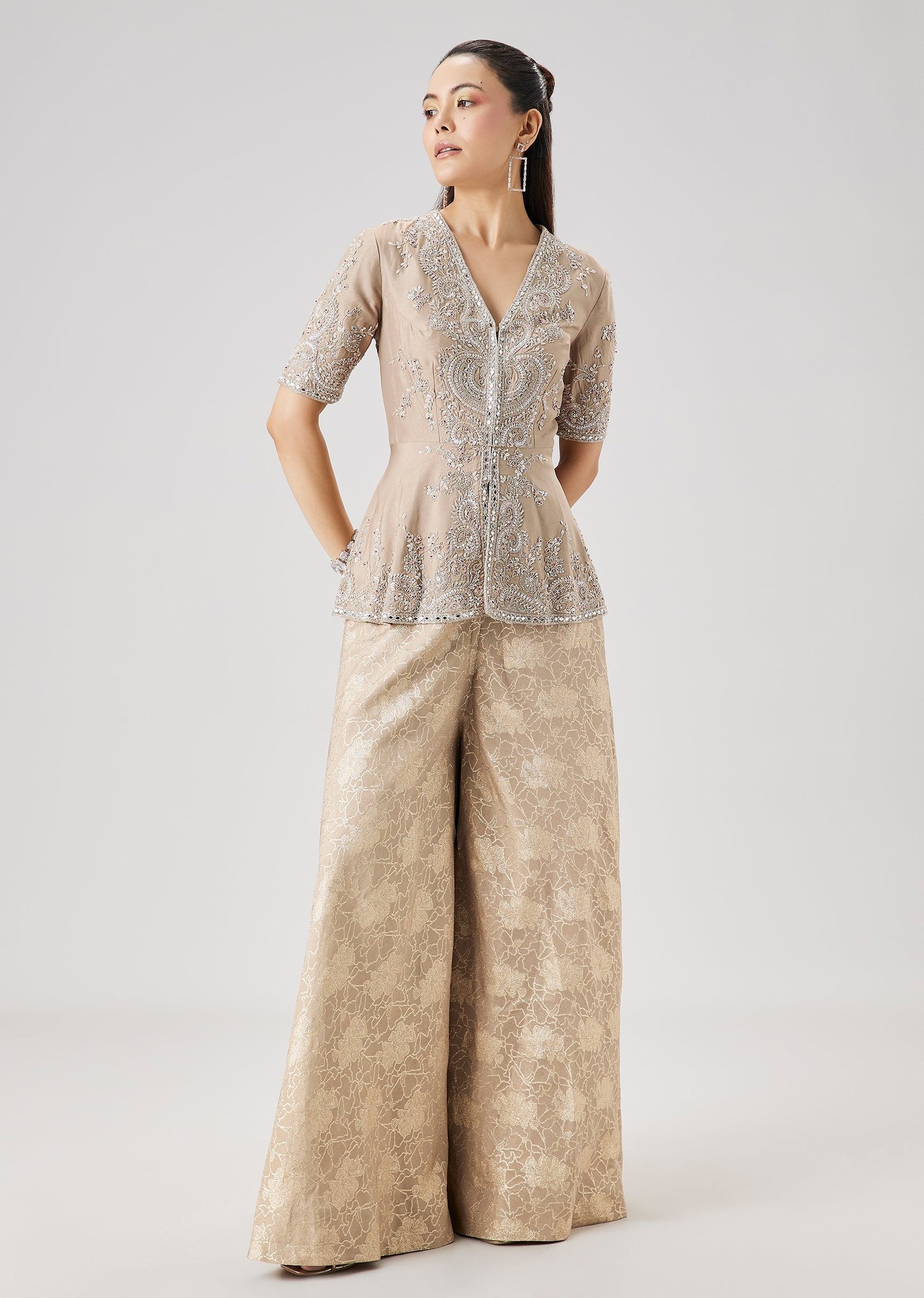 Beige Embellished Peplum Kurta And Jacquard Palazzo Set - Image 3