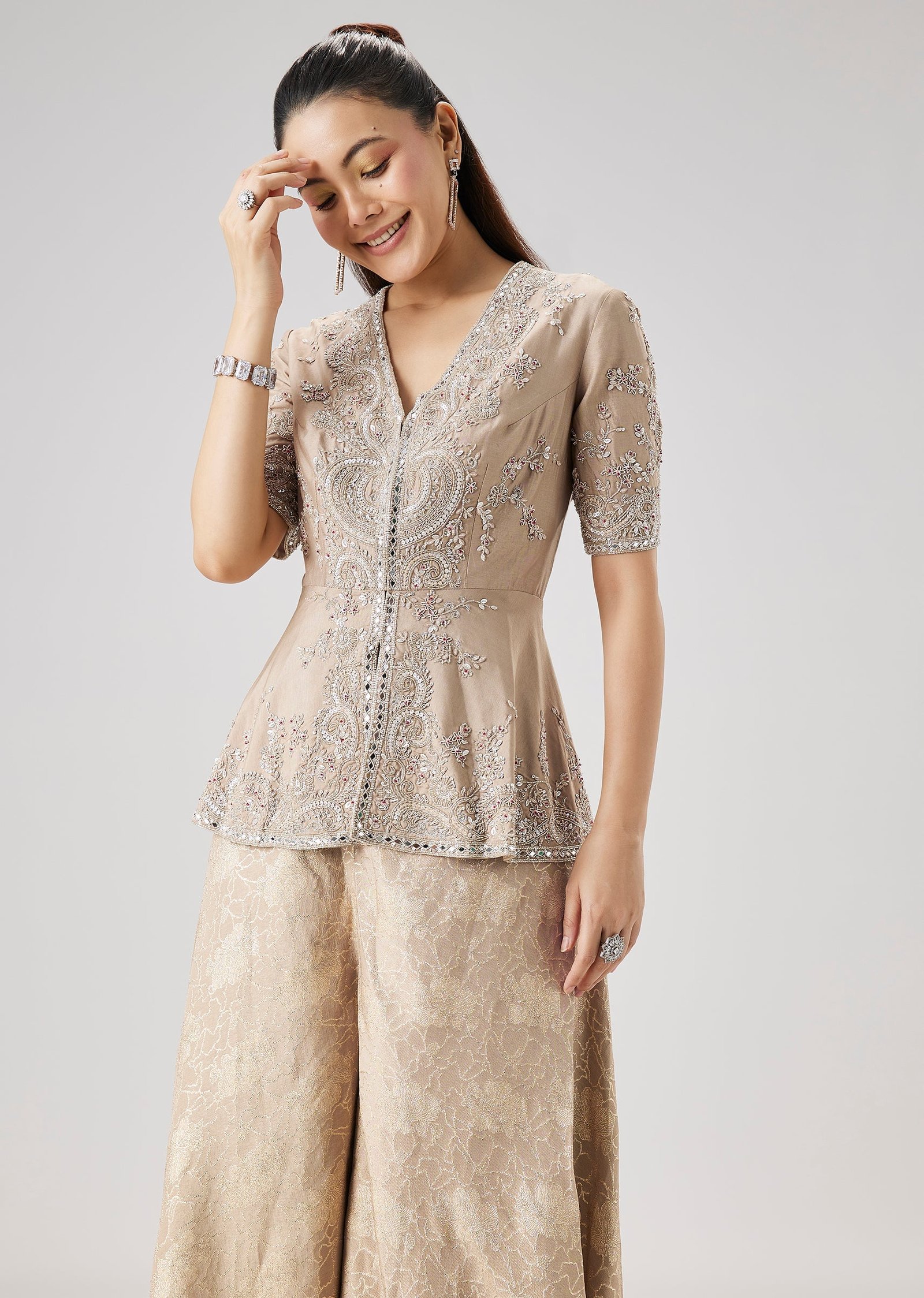 Beige Embellished Peplum Kurta And Jacquard Palazzo Set - Image 4
