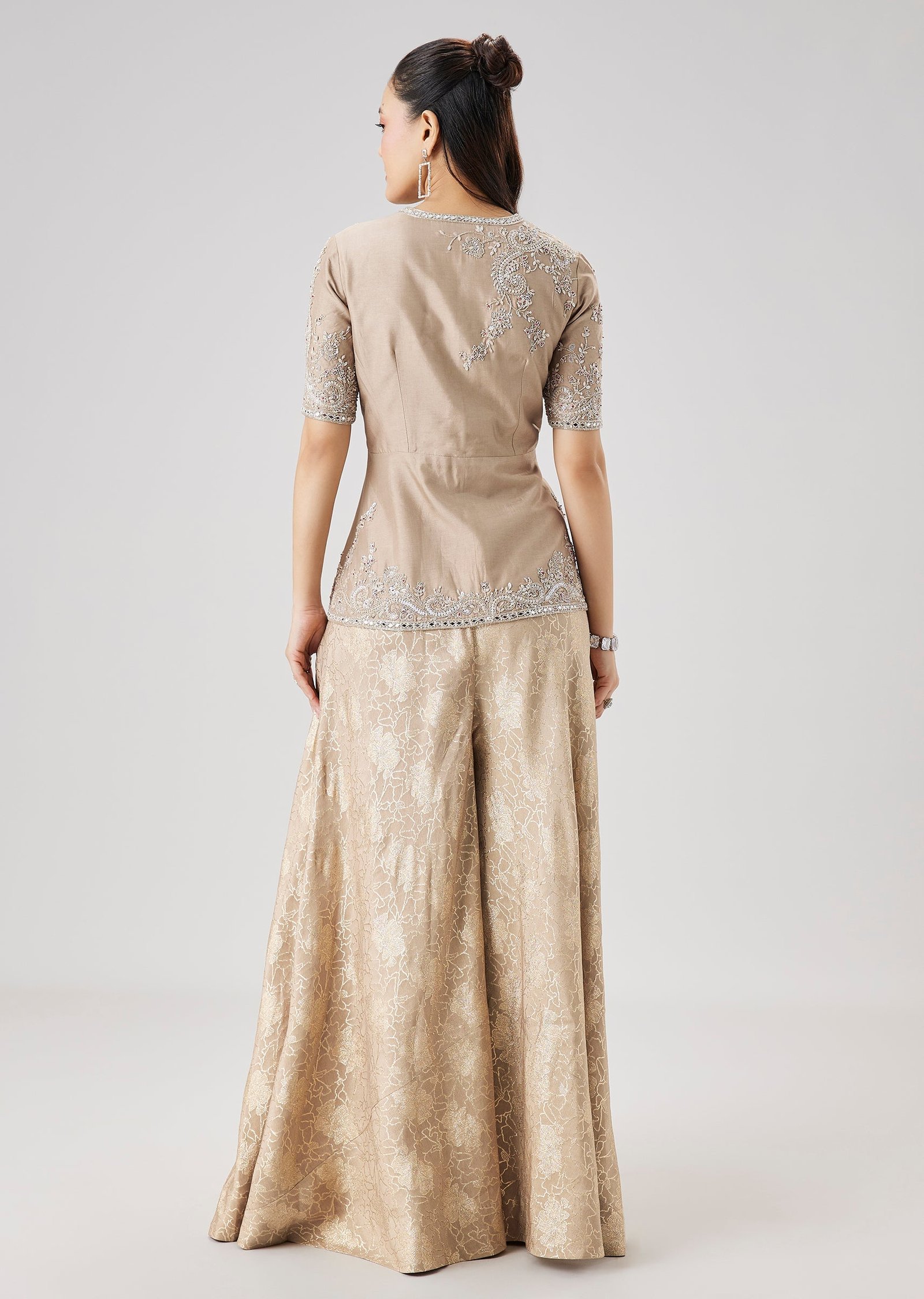 Beige Embellished Peplum Kurta And Jacquard Palazzo Set - Image 5