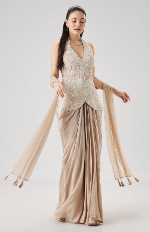 Beige Embroidered Drape Skirt Set With Dupatta