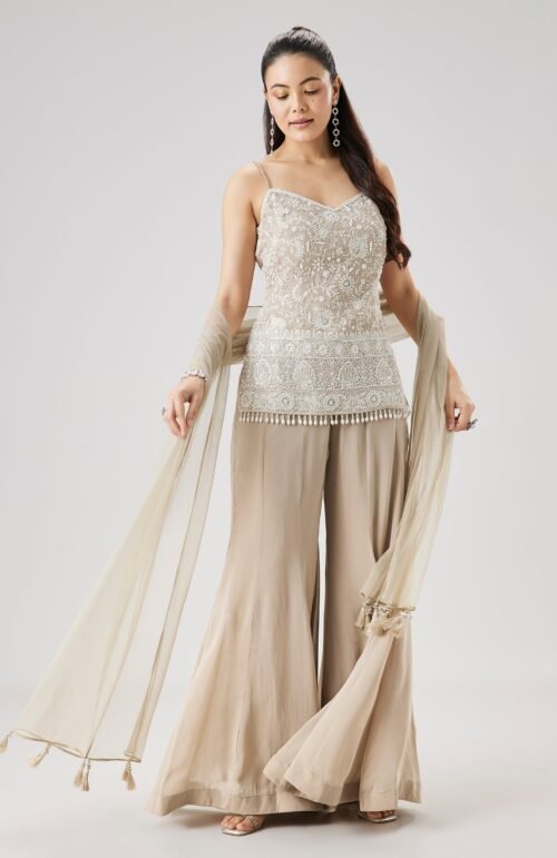 Beige Embroidered Palazzo Set With Dupatta