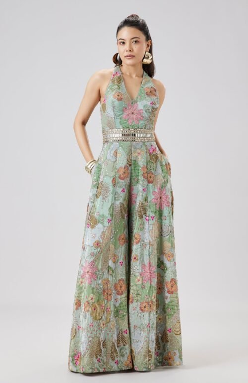 Beige Floral Print Jumpsuit Adorned With Zari And Mirror Embellishments