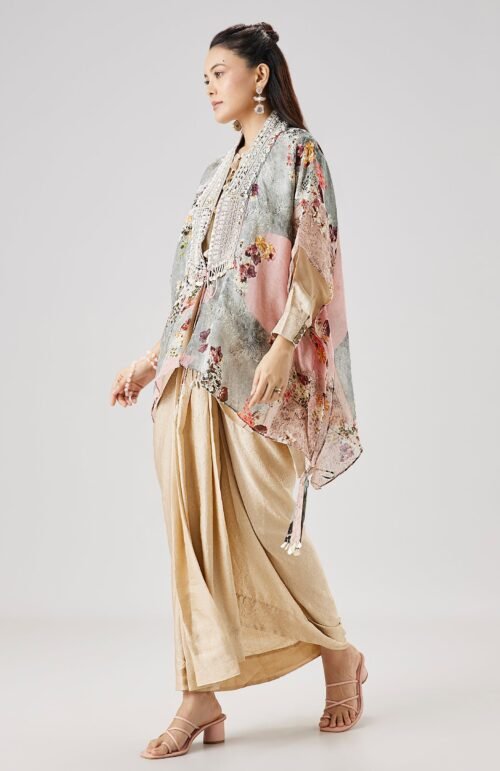 Beige Floral Printed Cape And Drape Skirt Set