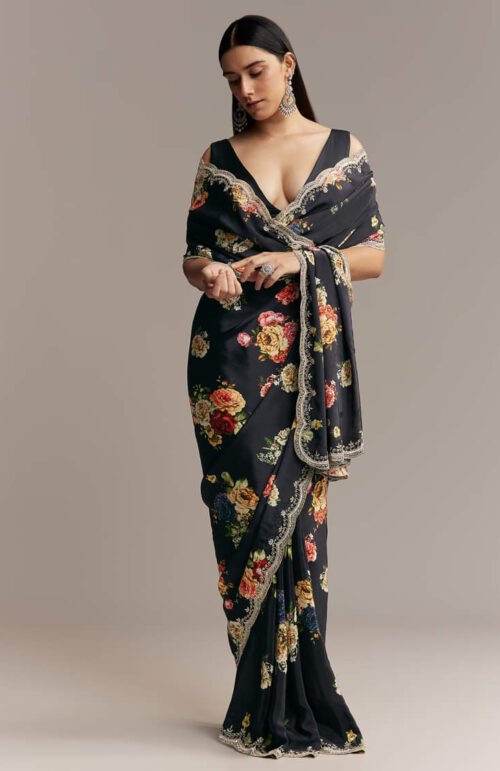 Black Crepe Saree With Floral Digital Print And Sequin Border