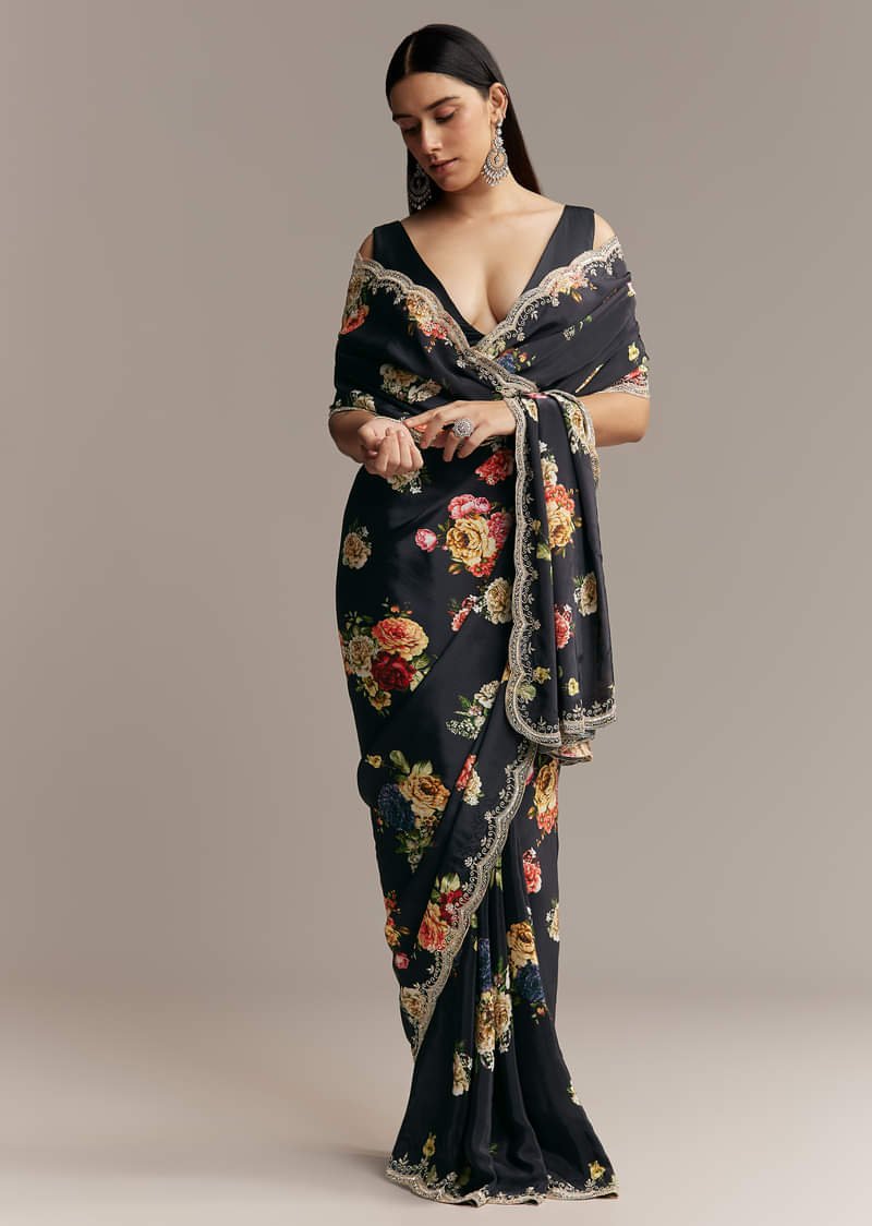 Black Crepe Saree With Floral Digital Print And Sequin Border