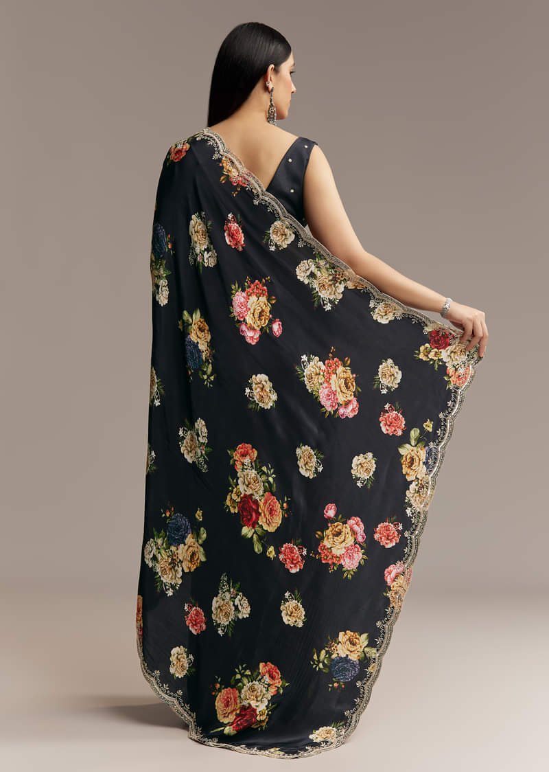 Black Crepe Saree With Floral Digital Print And Sequin Border - Image 6