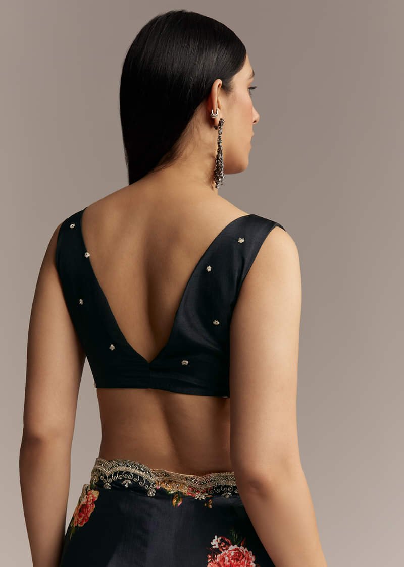 Black Crepe Saree With Floral Digital Print And Sequin Border - Image 8