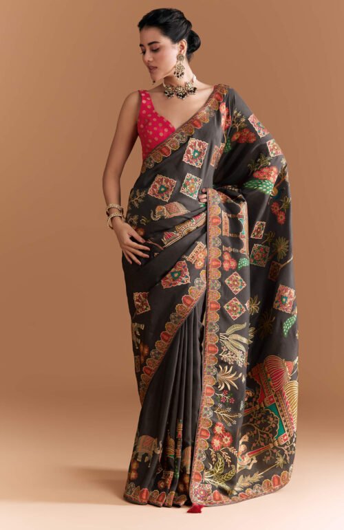 Black Dola Silk Saree With Madhubani Weave And Embroidery