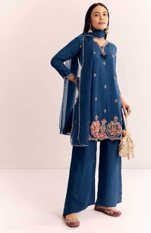 Blue Zardosi Work Dola Silk Kurta Set With Dupatta In Organza