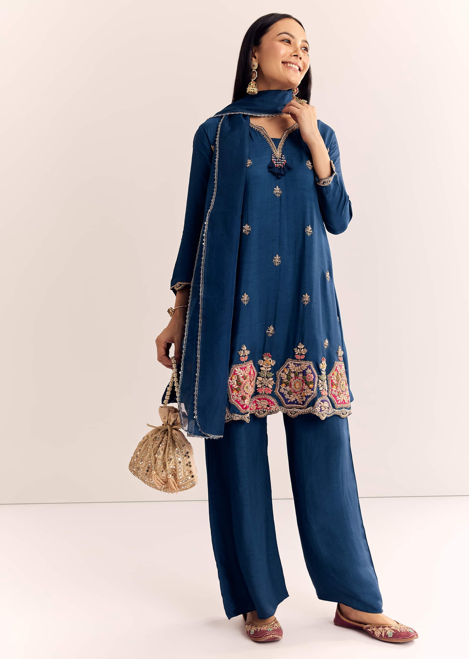Blue Zardosi Work Dola Silk Kurta Set With Dupatta In Organza - Image 3