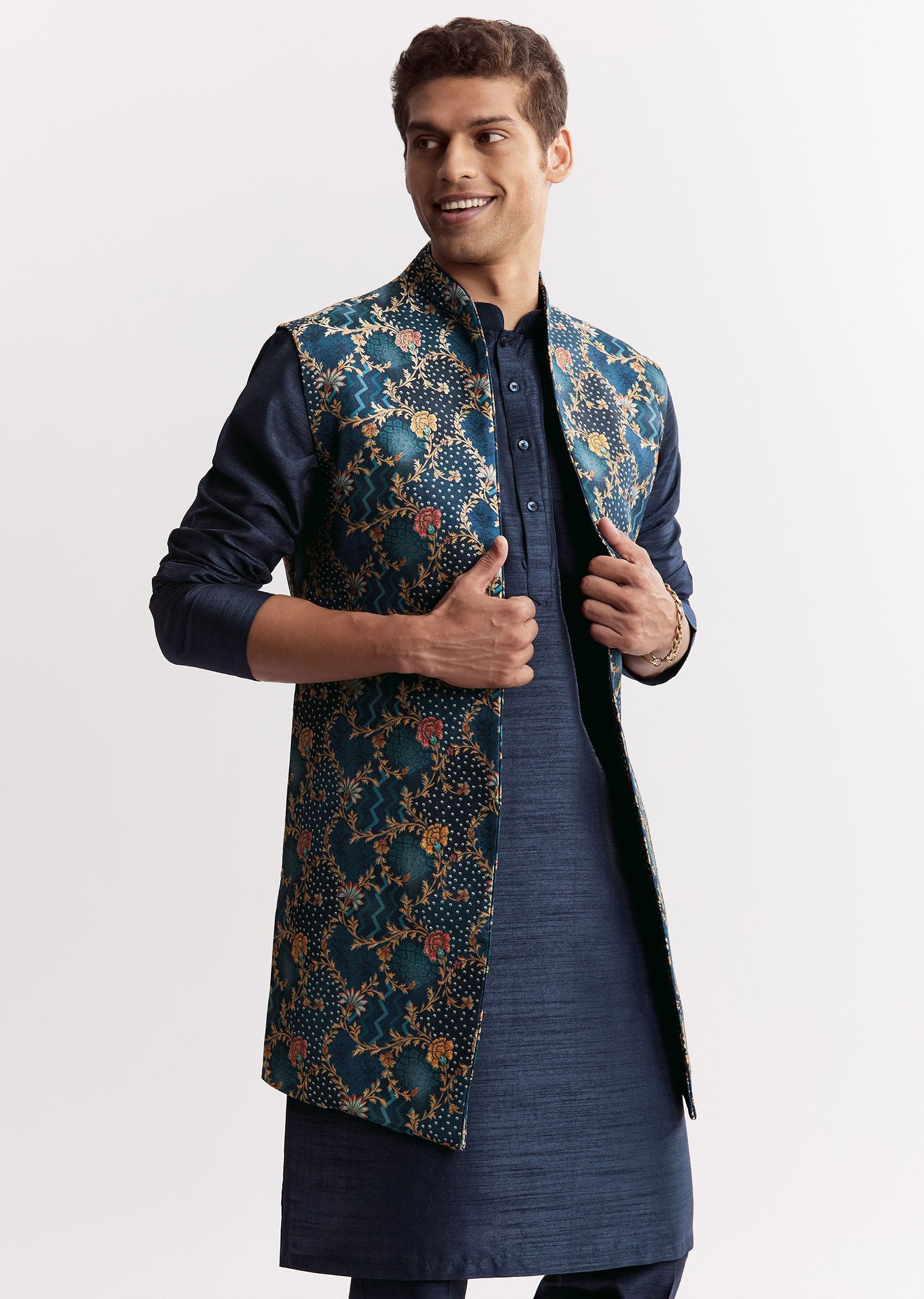 Blue Silk Printed Jacket Kurta Set With Floral Motifs