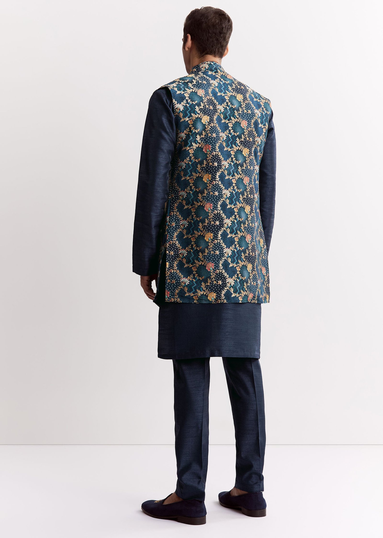 Blue Silk Printed Jacket Kurta Set With Floral Motifs - Image 5