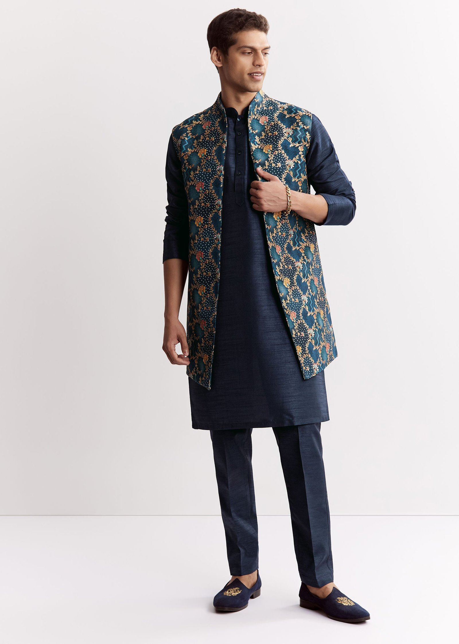 Blue Silk Printed Jacket Kurta Set With Floral Motifs - Image 4