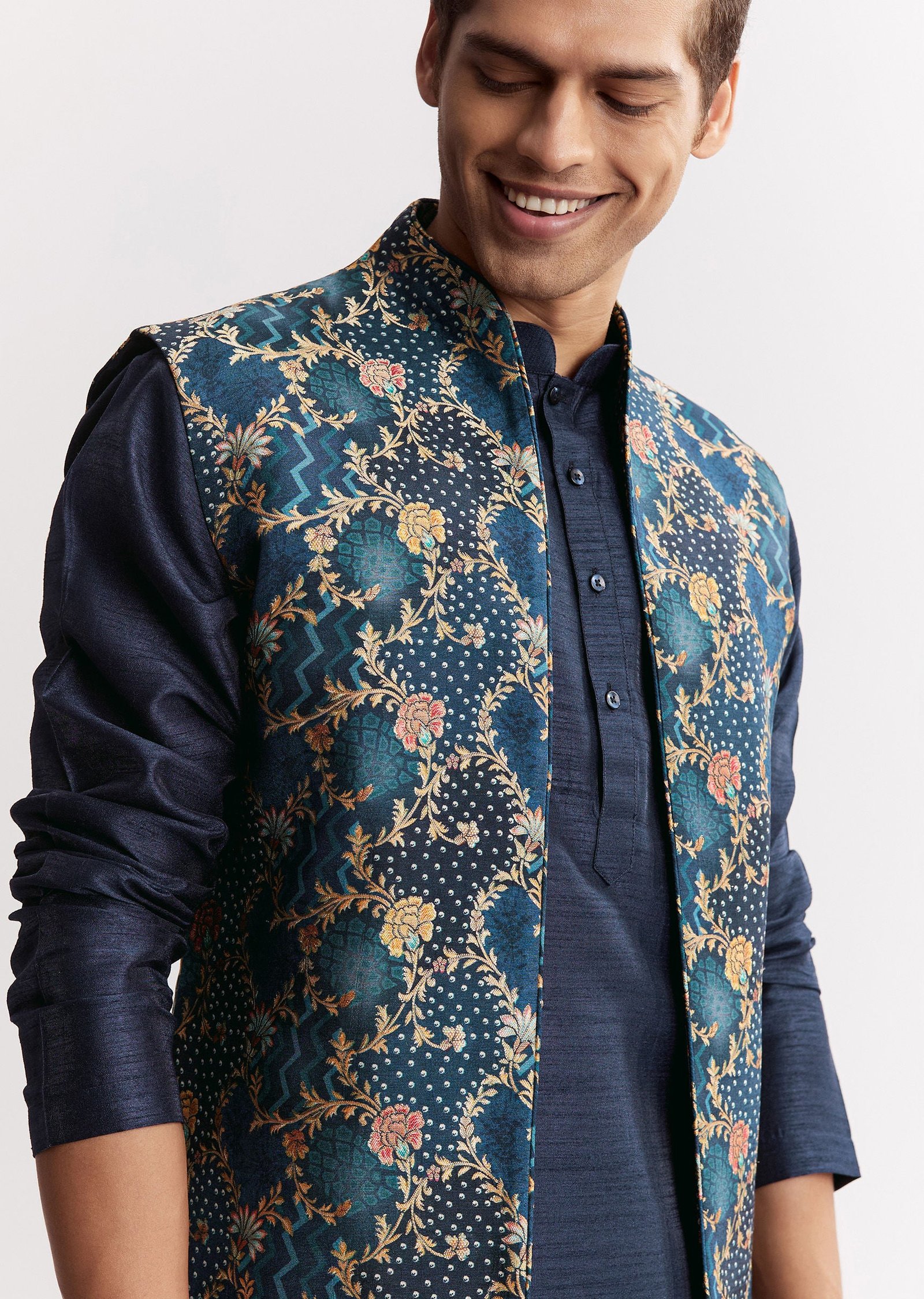 Blue Silk Printed Jacket Kurta Set With Floral Motifs - Image 3
