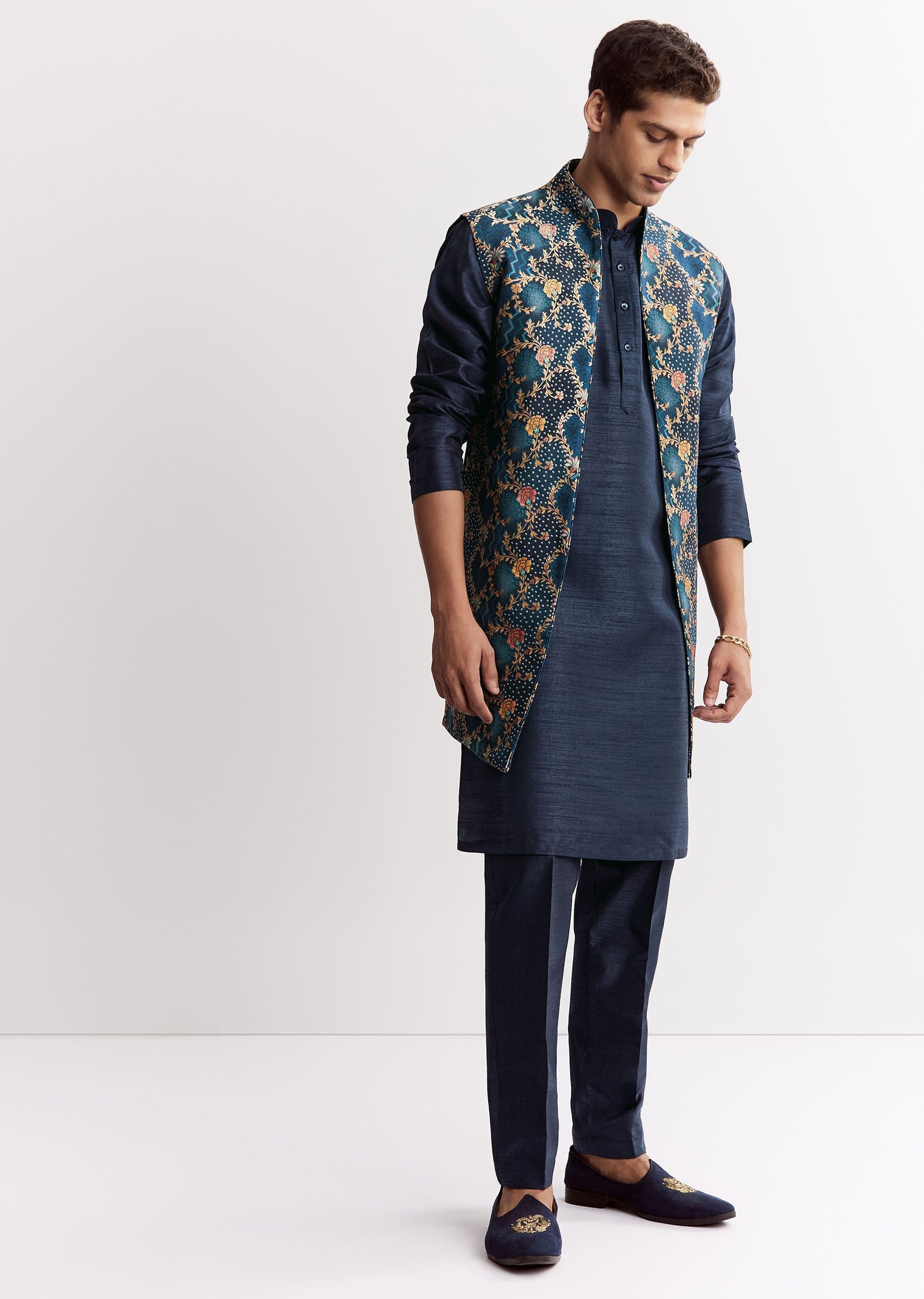 Blue Silk Printed Jacket Kurta Set With Floral Motifs - Image 2