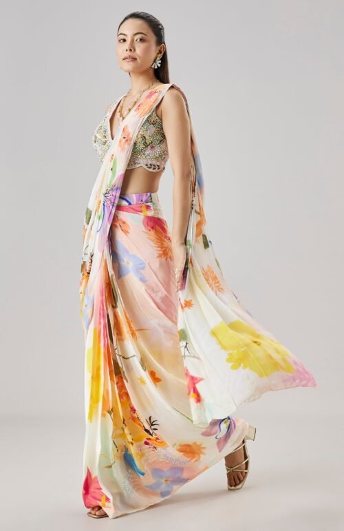 Cream Floral Printed Ready Pleated Saree With Embellished Blouse
