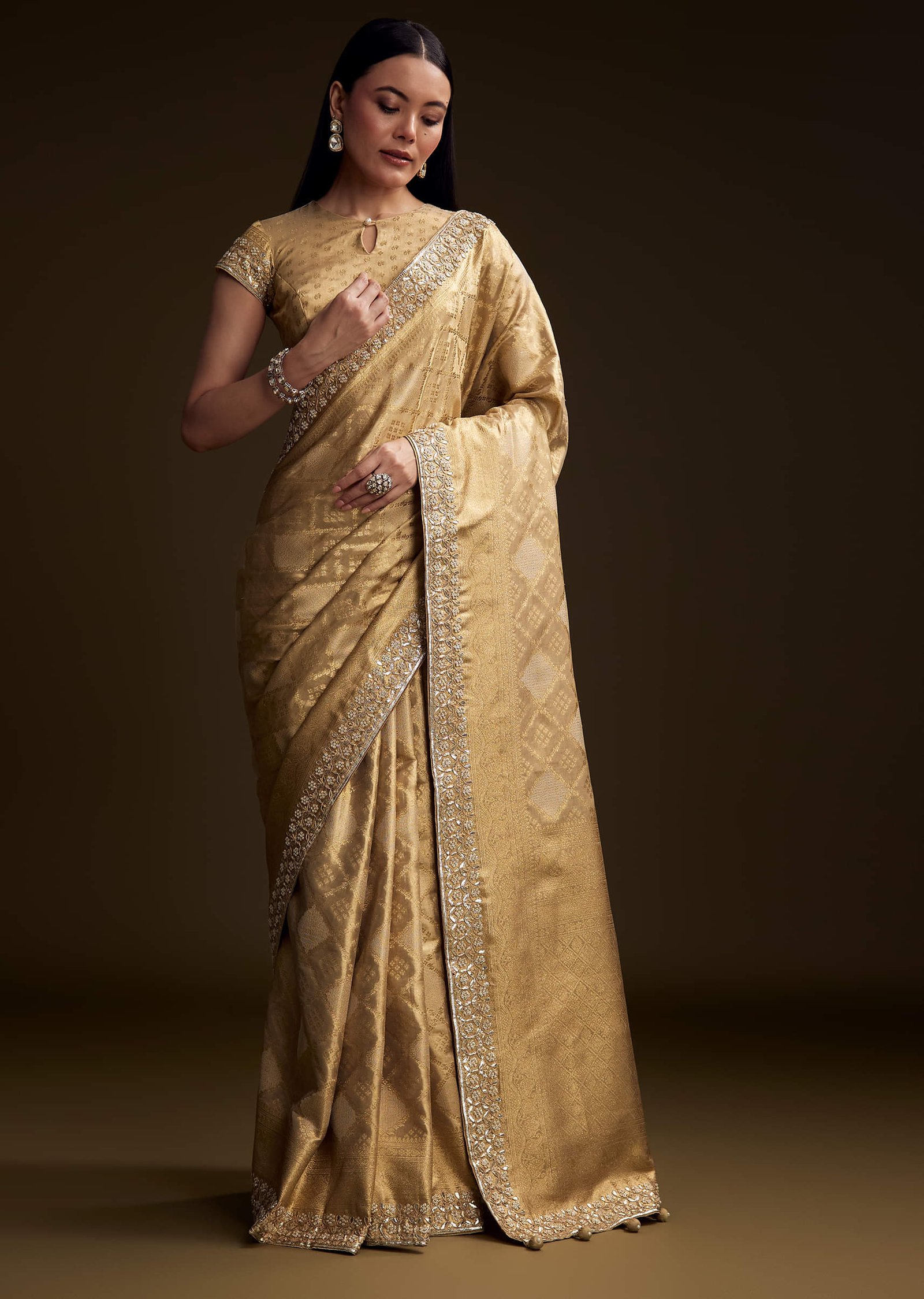 Cream Tissue Brocade Saree With Gotapatti And Moti Embroidery - Image 9