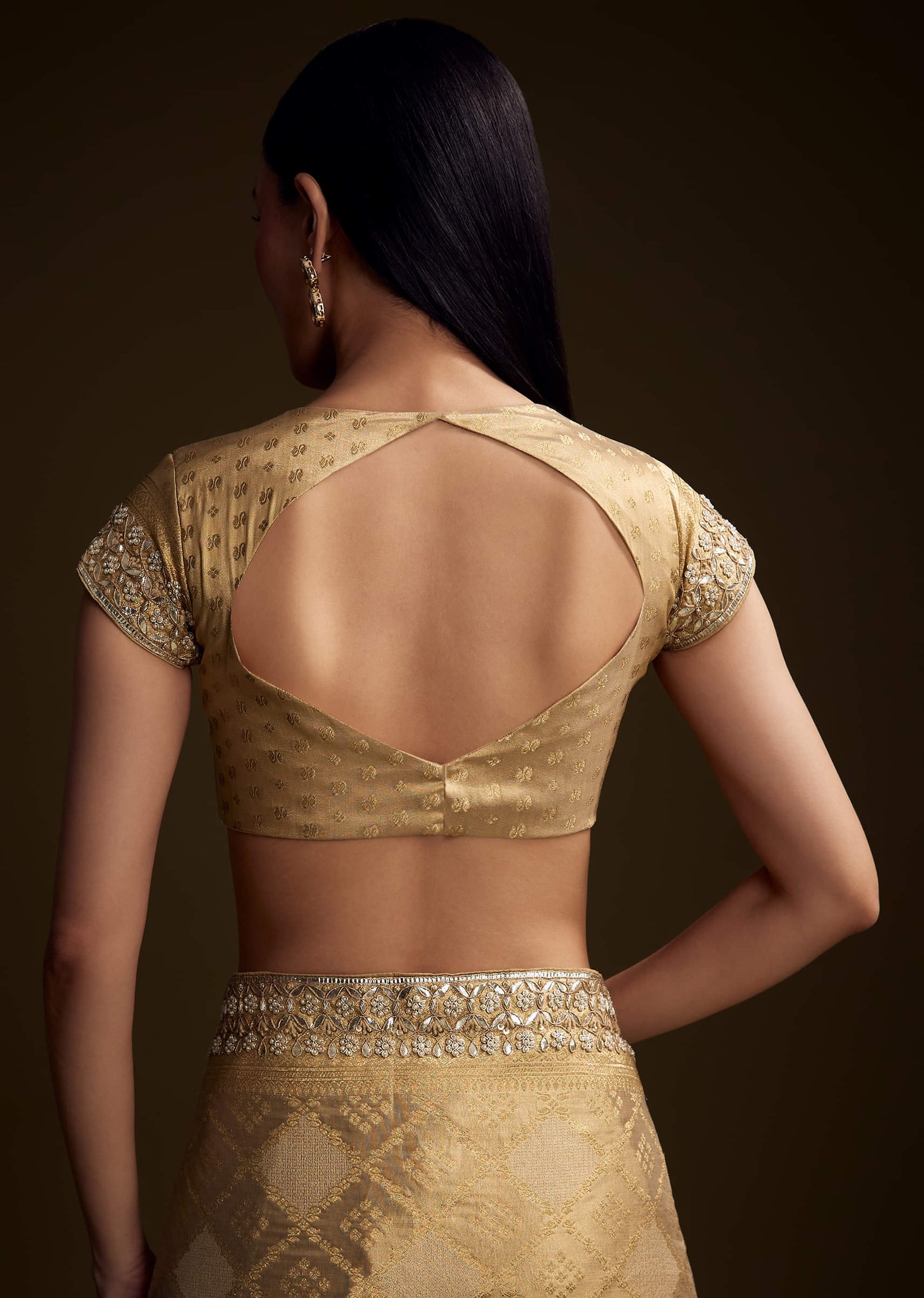 Cream Tissue Brocade Saree With Gotapatti And Moti Embroidery - Image 7