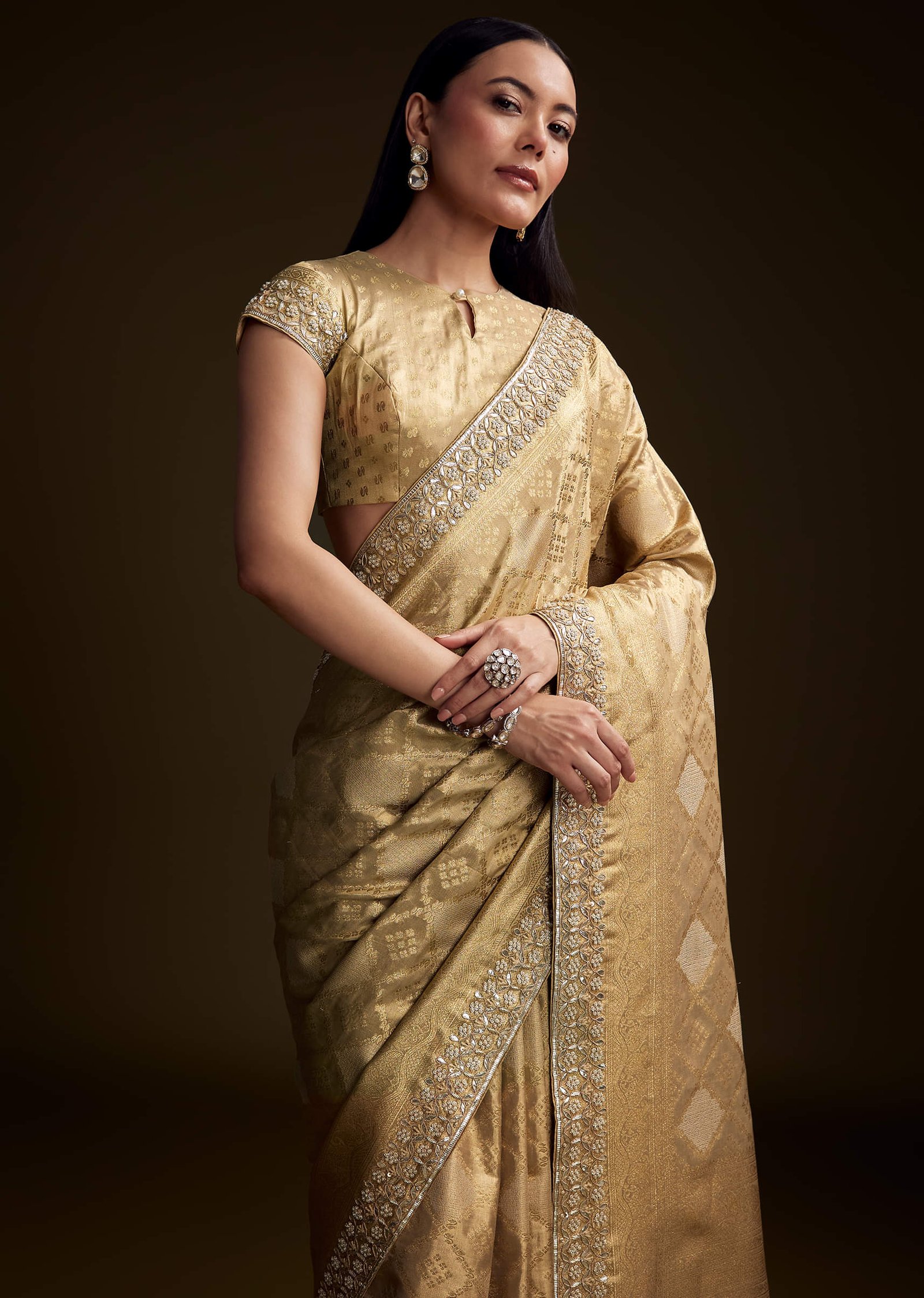 Cream Tissue Brocade Saree With Gotapatti And Moti Embroidery - Image 4