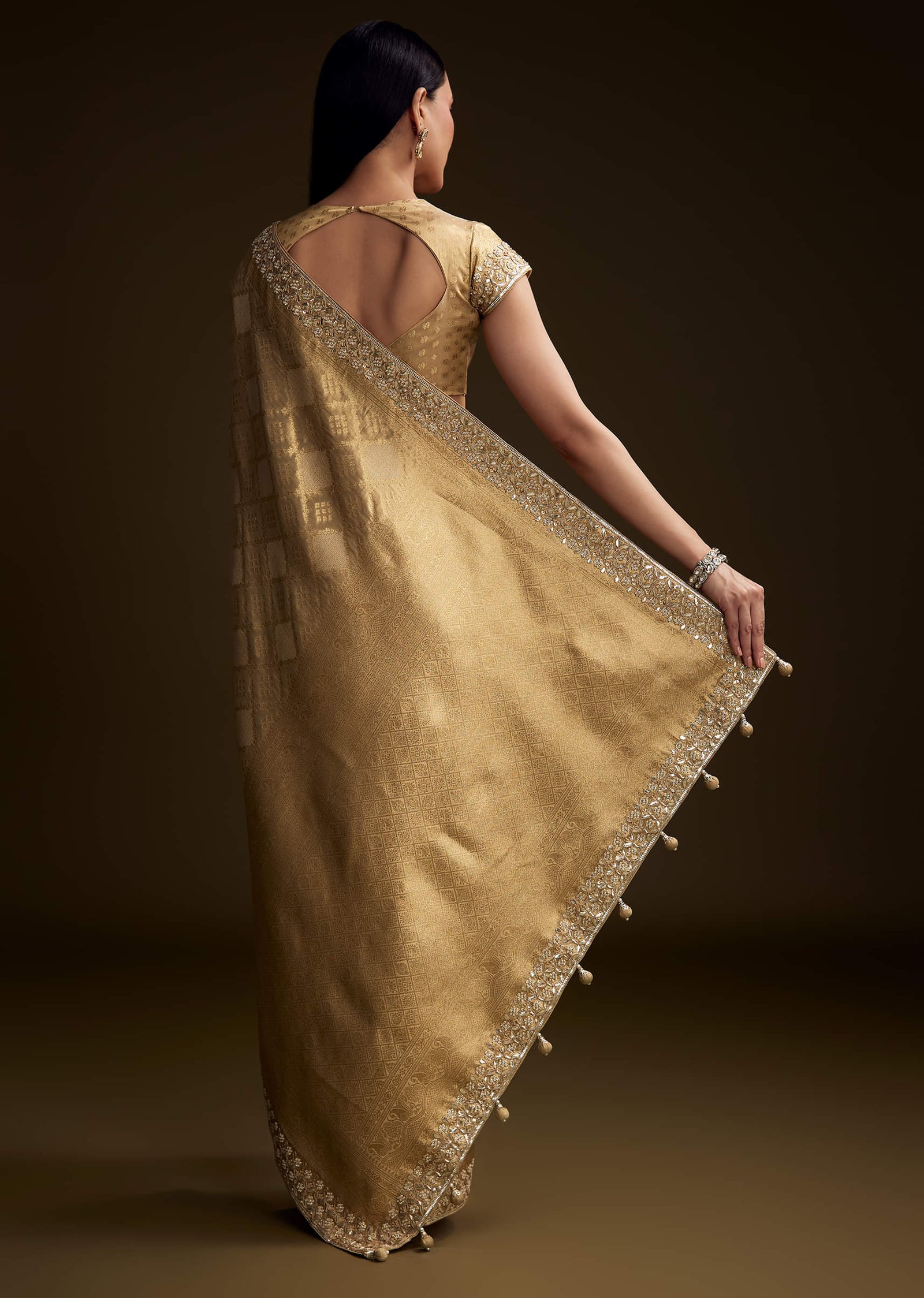Cream Tissue Brocade Saree With Gotapatti And Moti Embroidery - Image 3