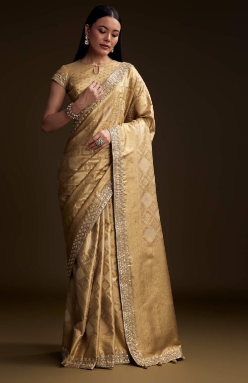Cream Tissue Brocade Saree With Gotapatti And Moti Embroidery