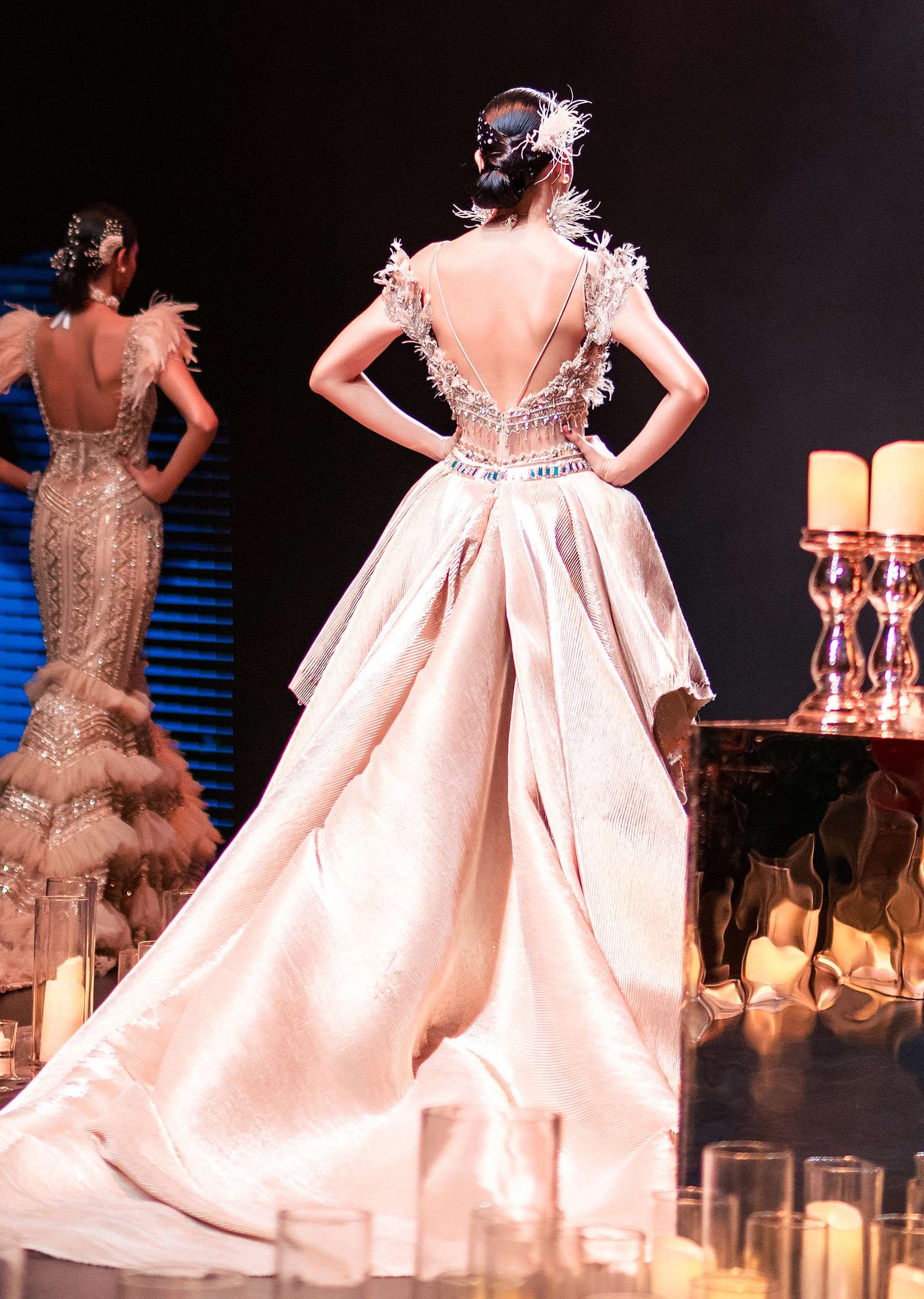 Gold Draped Gown With Trail Detail And Heavy Embroidery - Image 6