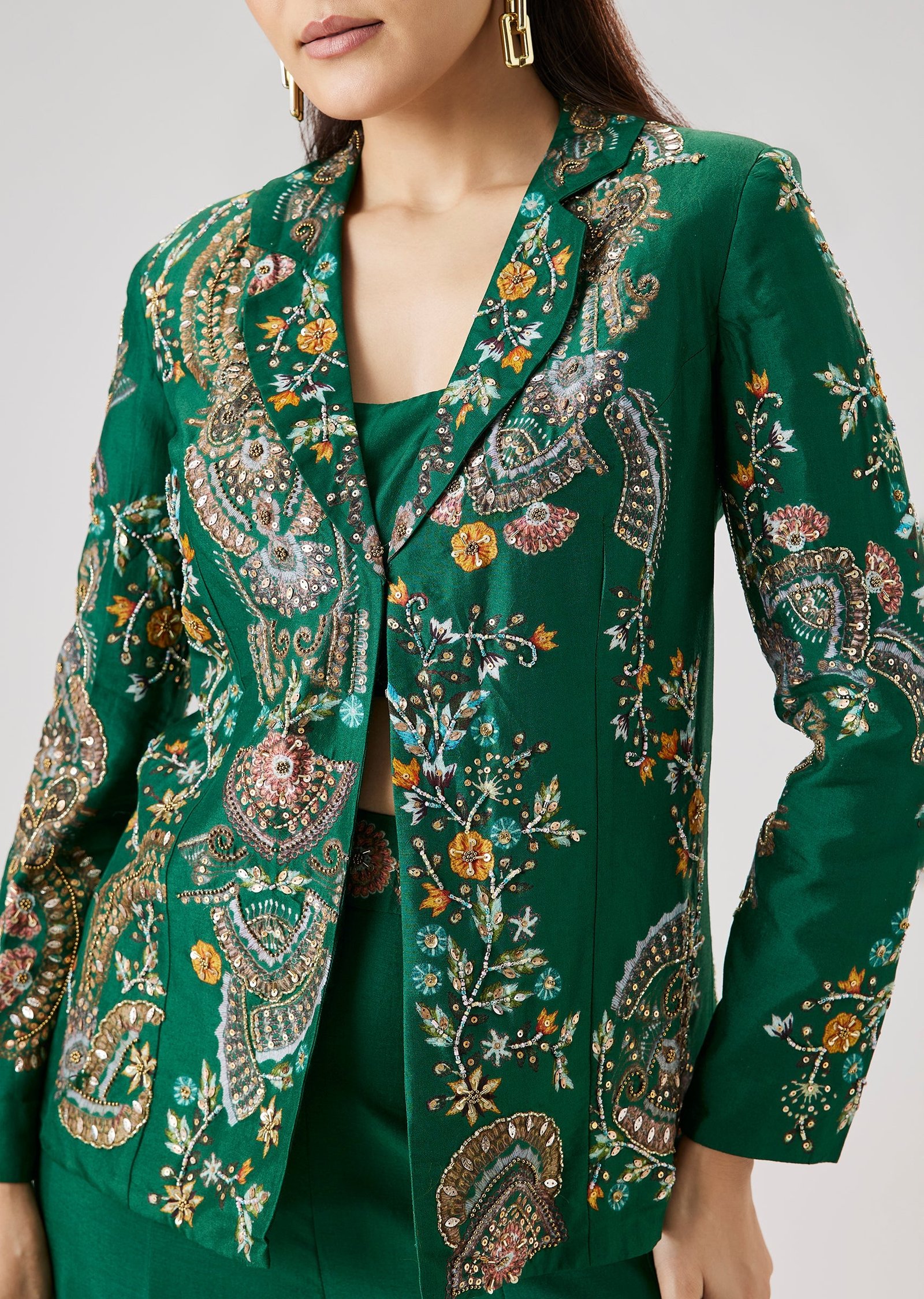 Green Floral Printed Silk Crop Top Palazzo Set With Blazer Jacket - Image 2
