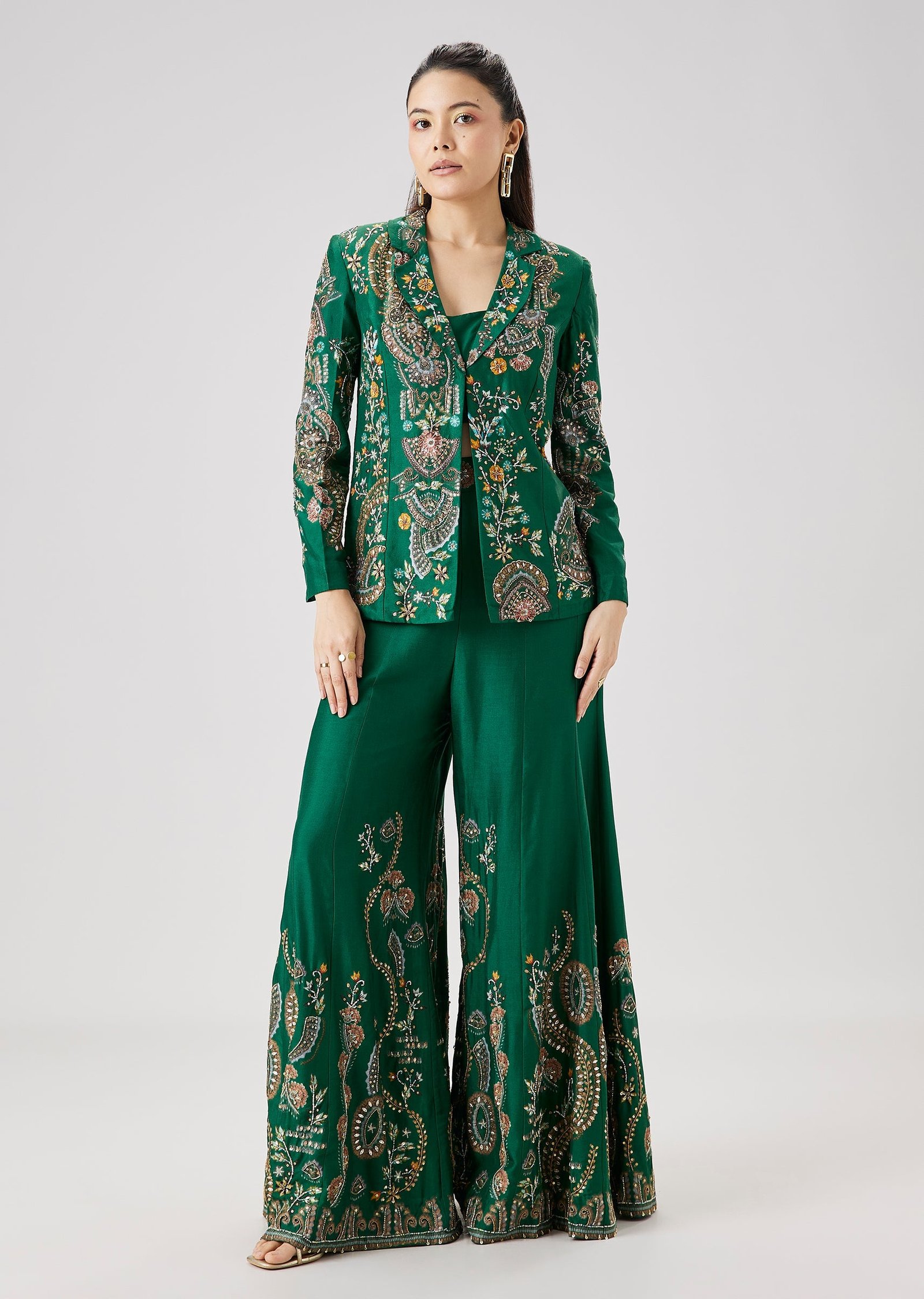 Green Floral Printed Silk Crop Top Palazzo Set With Blazer Jacket - Image 3