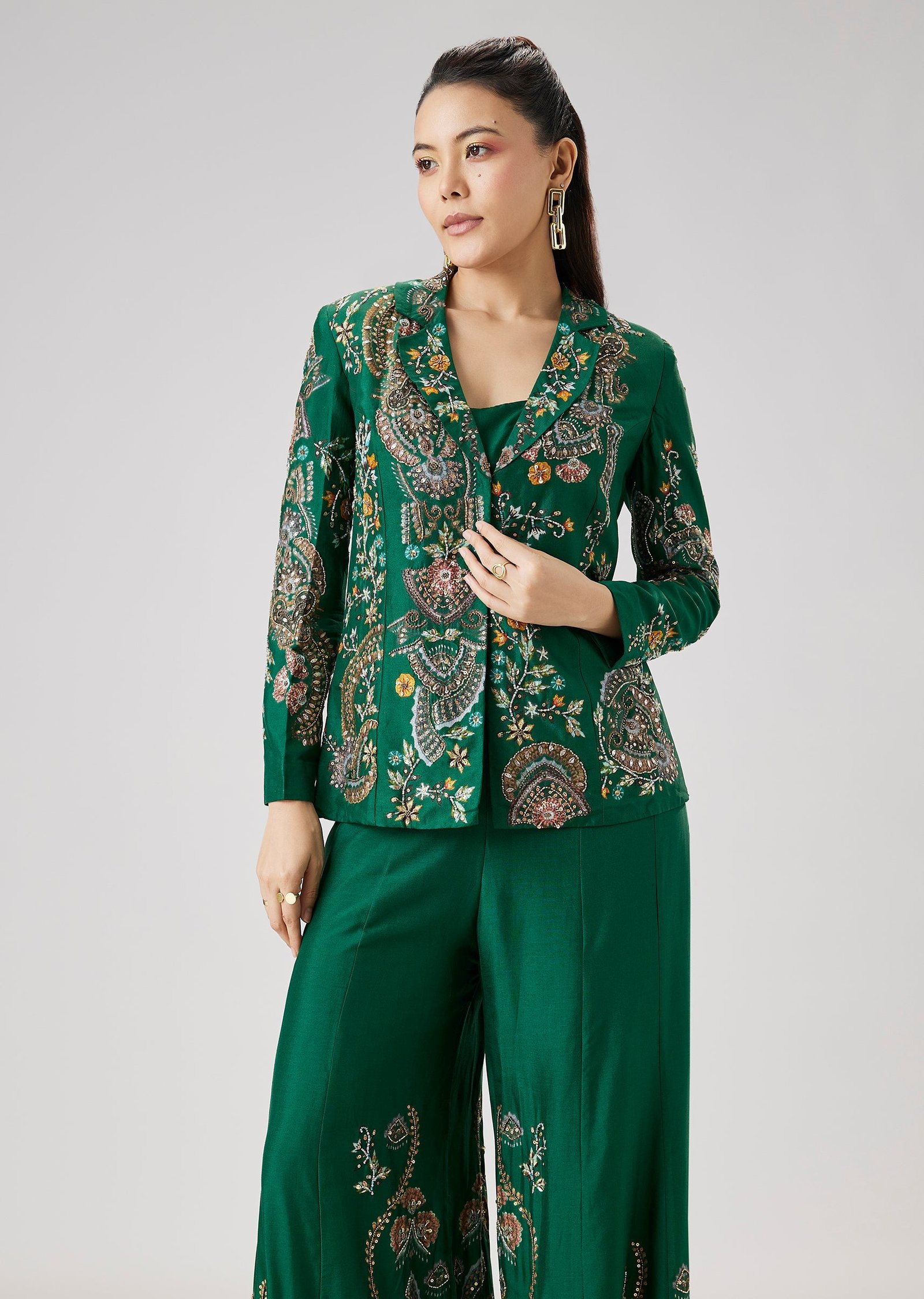 Green Floral Printed Silk Crop Top Palazzo Set With Blazer Jacket - Image 4