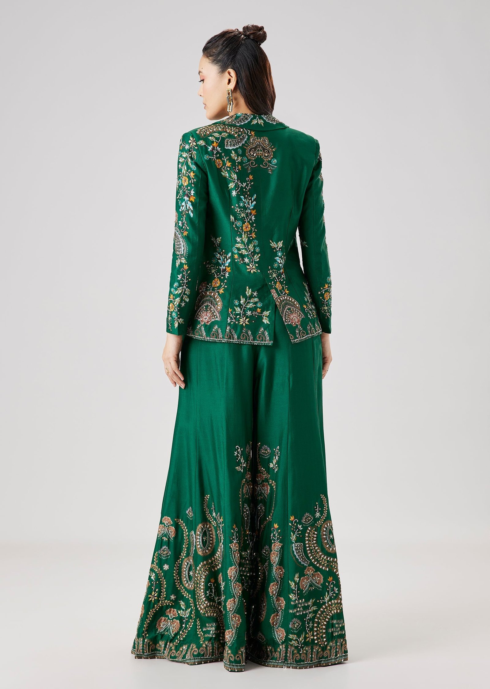 Green Floral Printed Silk Crop Top Palazzo Set With Blazer Jacket - Image 5