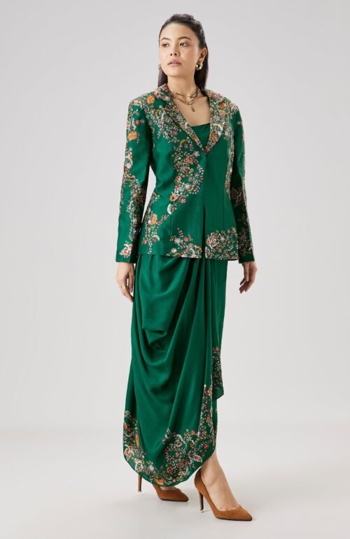 Green Printed Silk Crop Top And Skirt Set With Embellished Jacket
