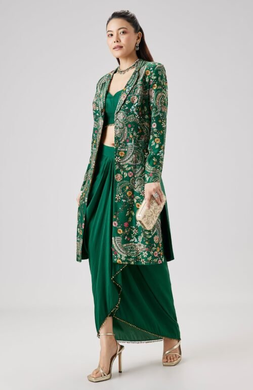 Green Printed Silk Crop Top Skirt Set With Embellished Jacket