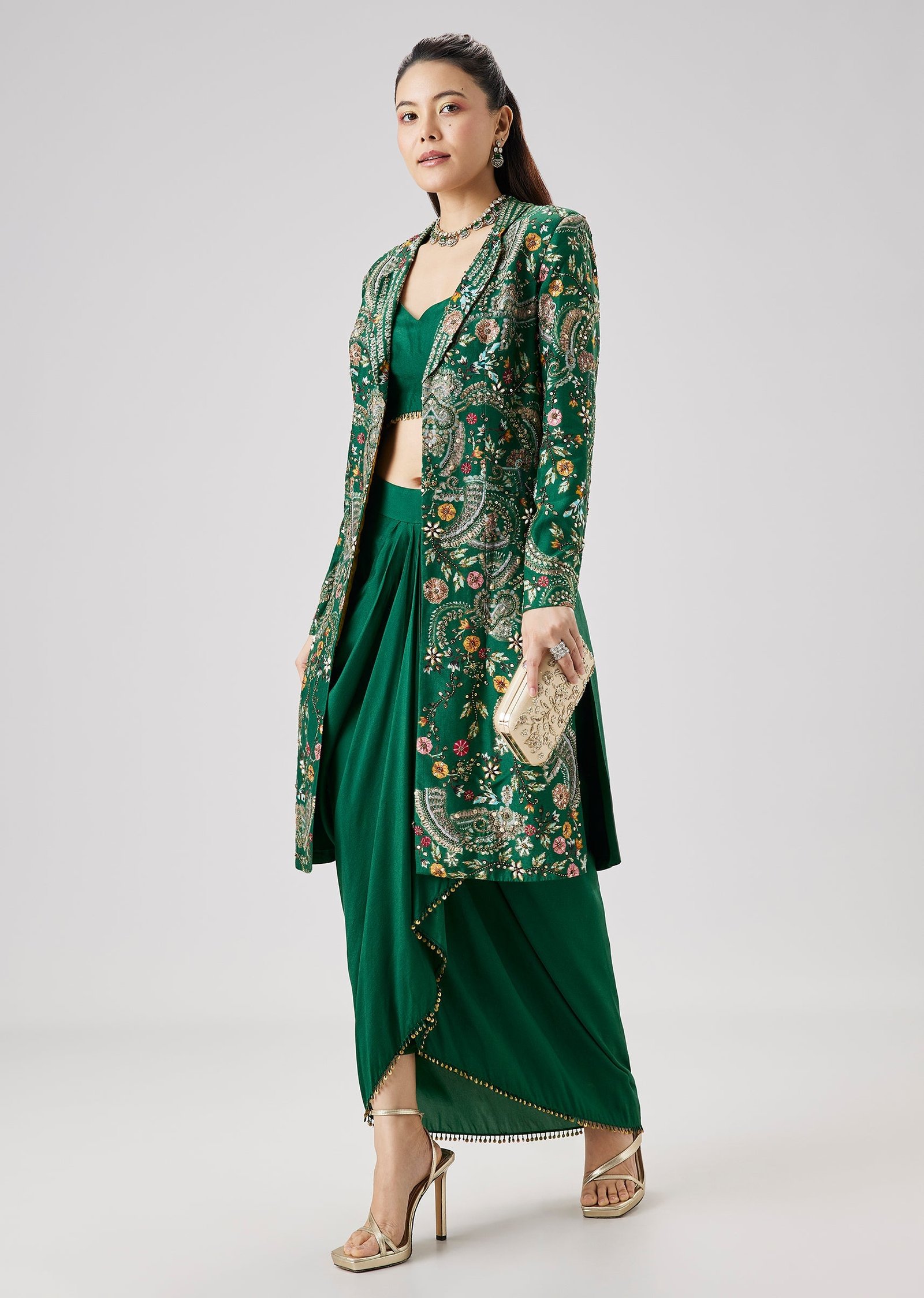 Green Printed Silk Crop Top Skirt Set With Embellished Jacket