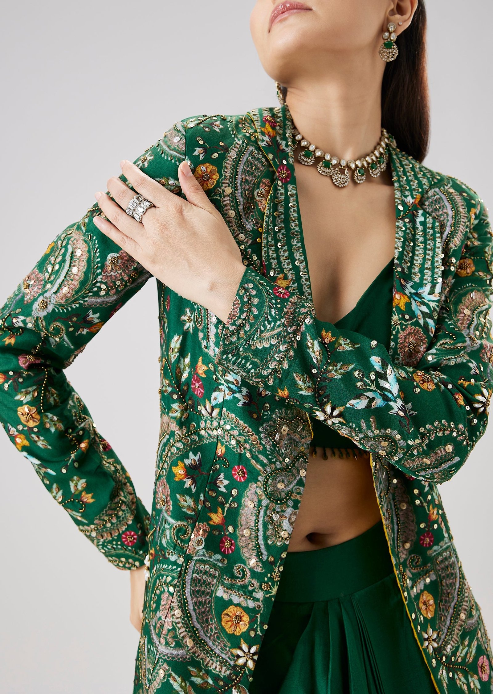 Green Printed Silk Crop Top Skirt Set With Embellished Jacket - Image 2