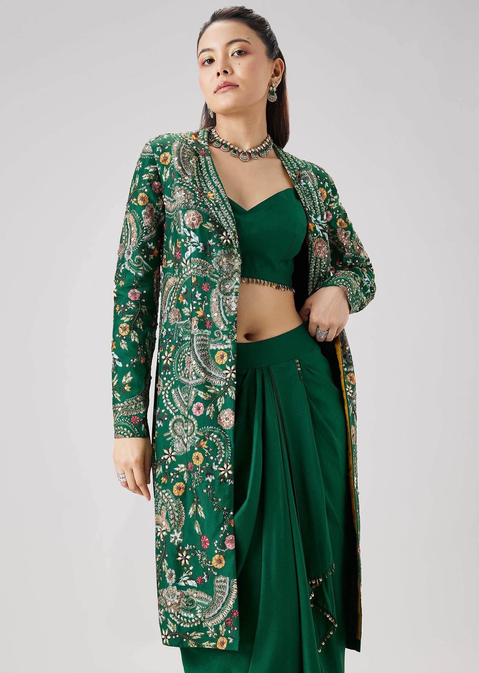 Green Printed Silk Crop Top Skirt Set With Embellished Jacket - Image 4