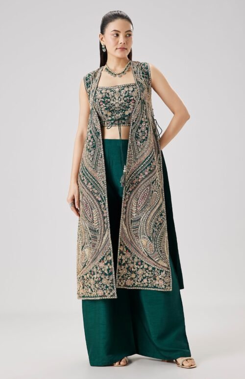Green Zari And Resham Embroidered Crop Top Palazzo Set With Jacket