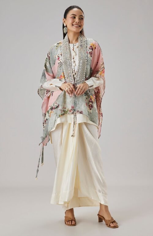Ivory Floral Printed Cape And Drape Skirt Set