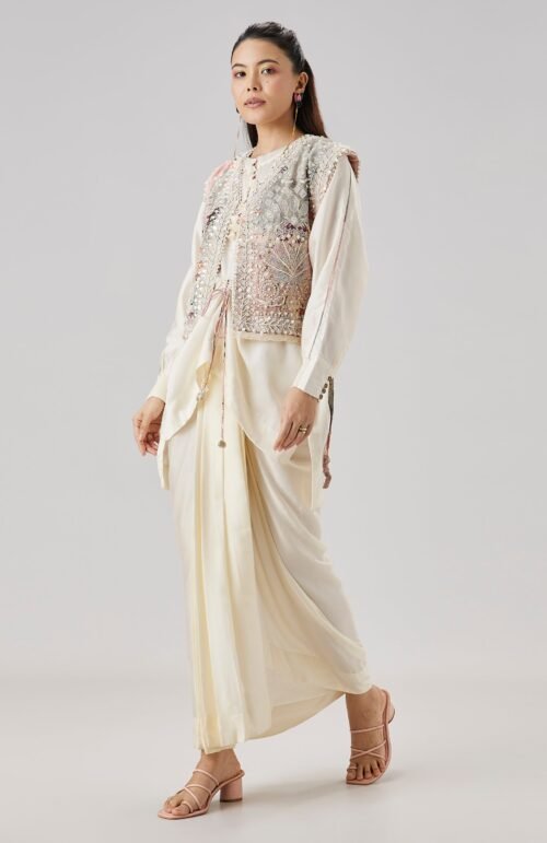 Ivory Floral Printed Jacket And Drape Skirt Set
