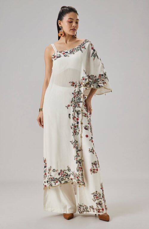 Ivory OneShoulder Printed Crop Top Palazzo Set