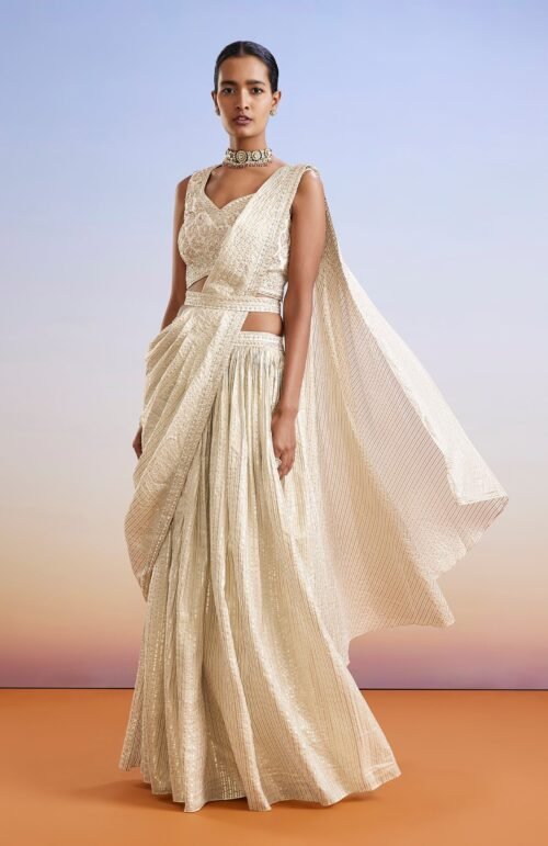 Ivory Zardosi Embroidered Ready Pleated Saree With Belt