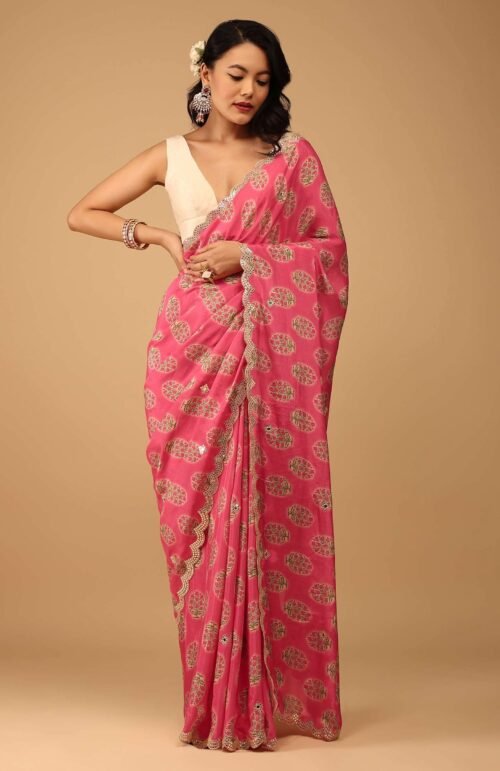 Fuschia Pink Saree In Muslin With Floral Handblock Print